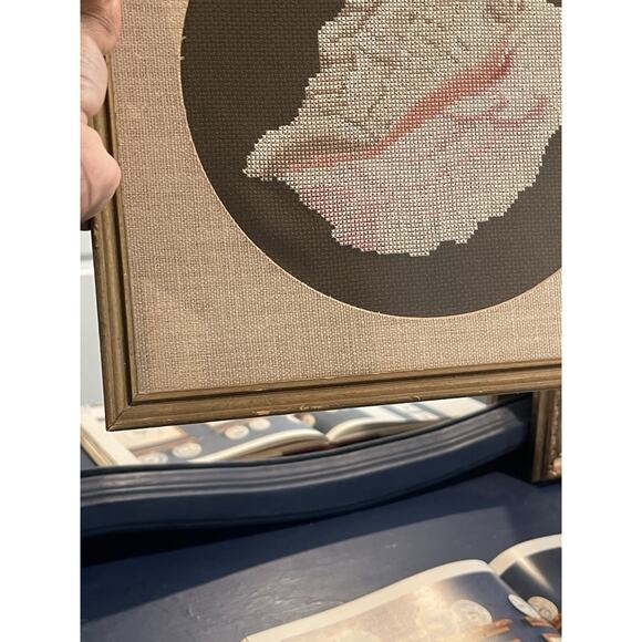 Conch Seashell Cross Stitch Framed Artwork Brown and Cream Wood Framed Beach - Picture 5 of 7